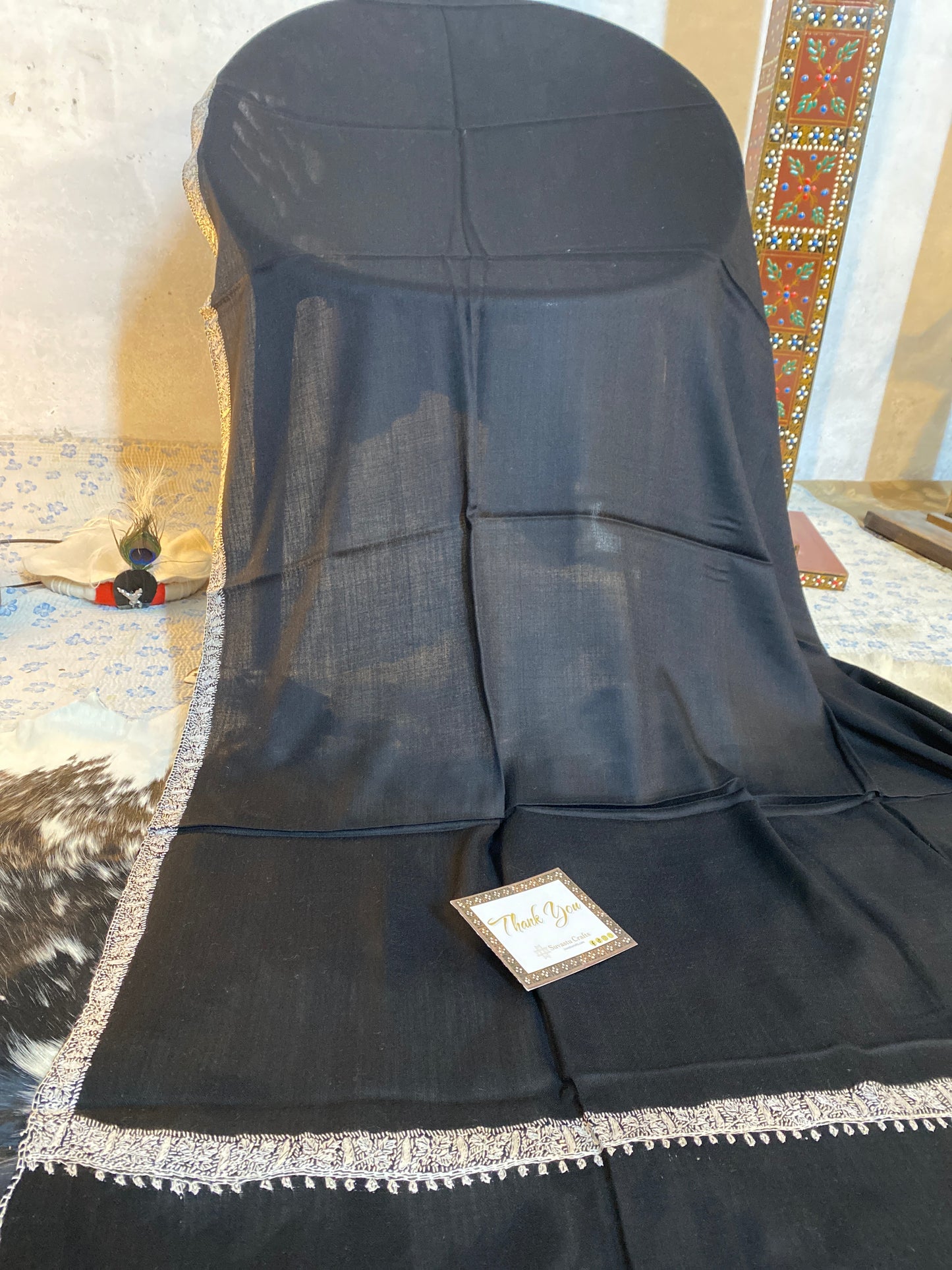 Kashmiri Pashmina Sozni Border Black A