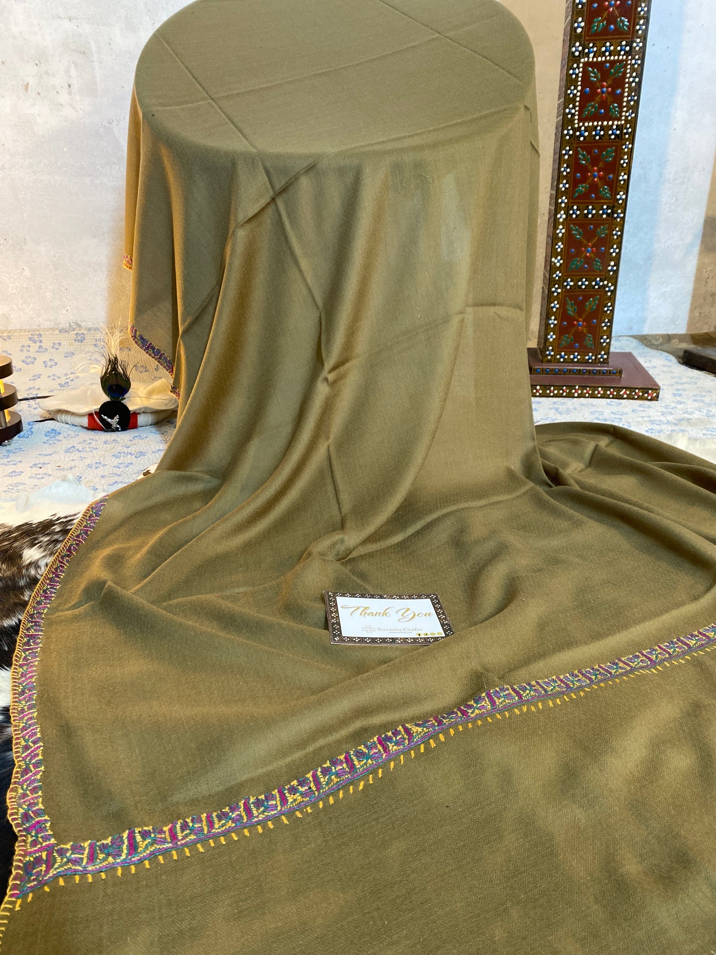 Kashmiri Pashmina Sozni Border Dark Brown A
