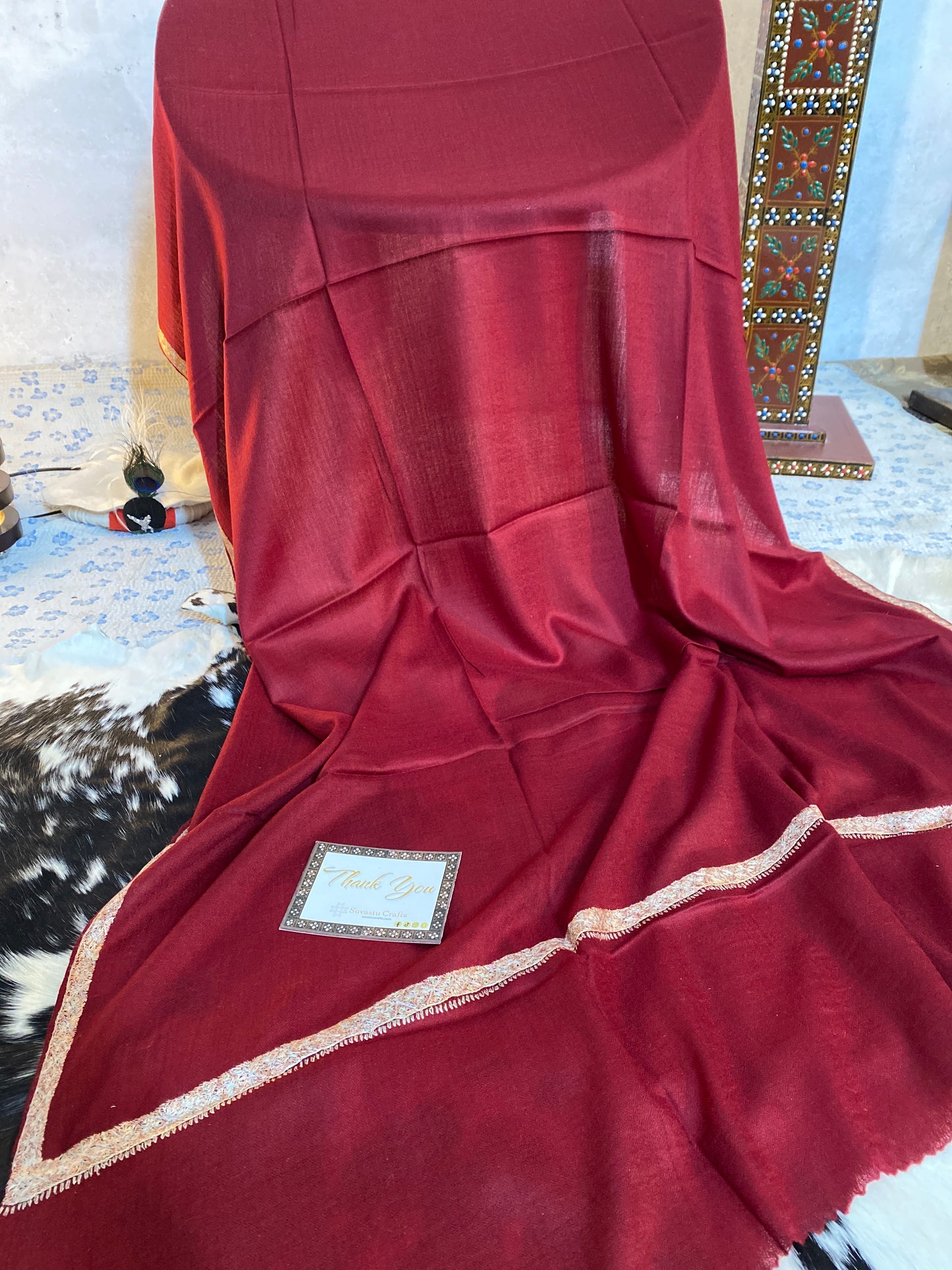 Kashmiri Pashmina Sozni Border Mahroon A