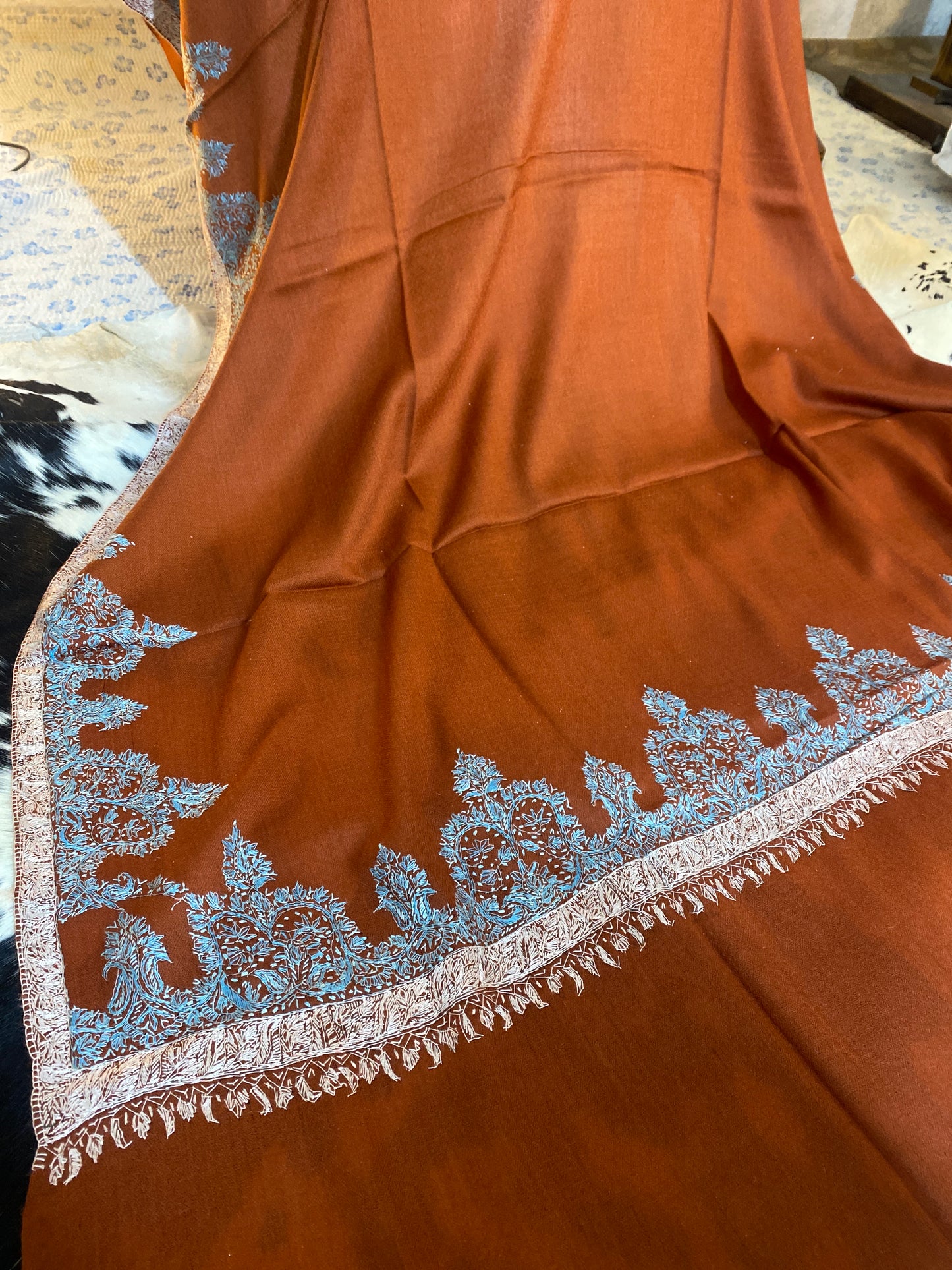 Kashmiri Pashmina Jamawar Rust 4 Border