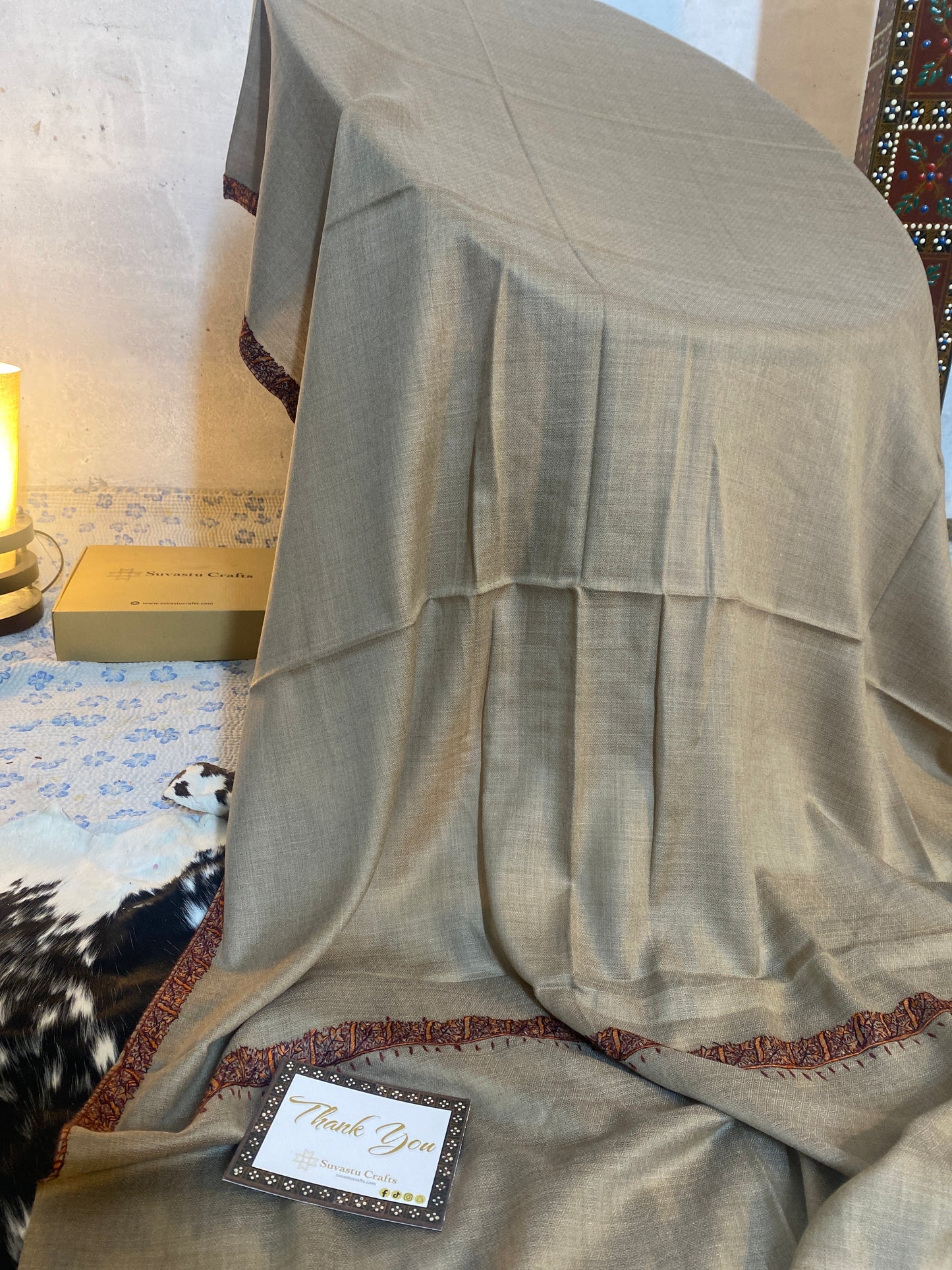 Kashmiri Pashmina Sozni Border Brown B