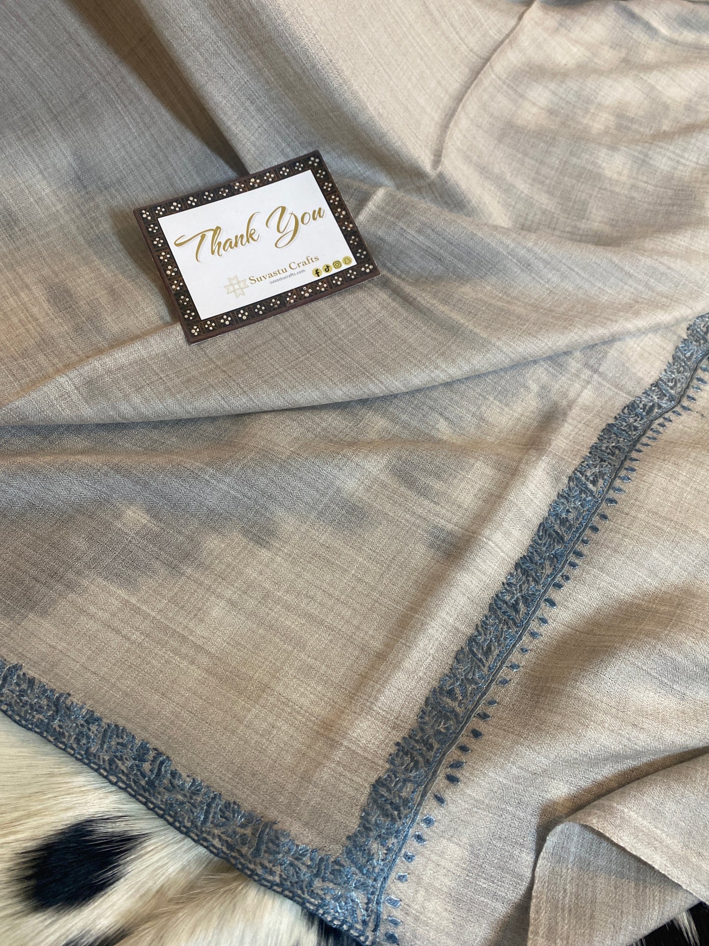 Kashmiri Pashmina Sozni Border Gray A