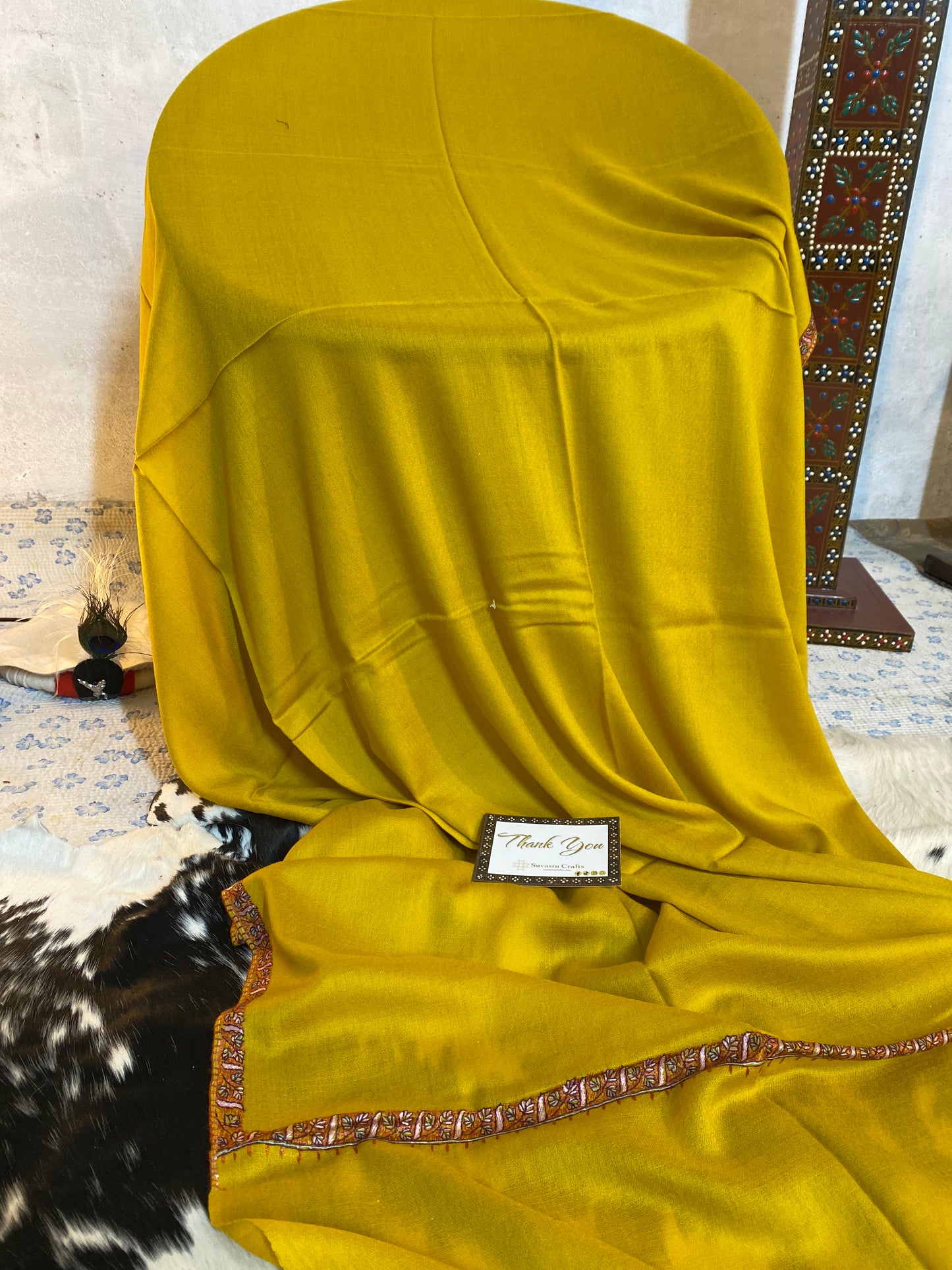 Kashmiri Pashmina Sozni Border Mustard Yellow A