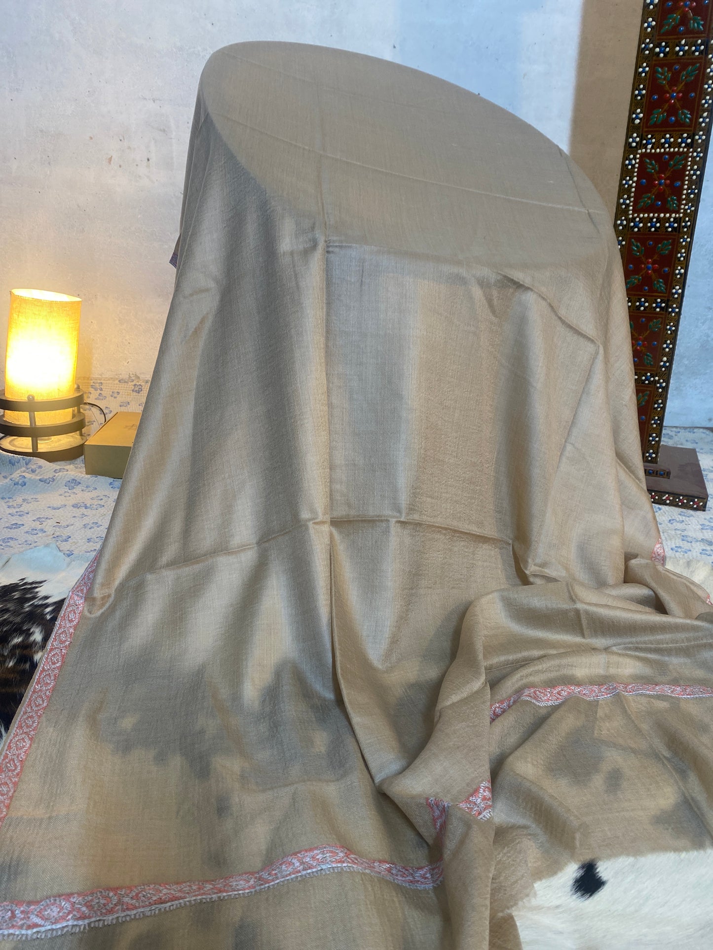 Kashmiri Pashmina Sozni Border Brown A