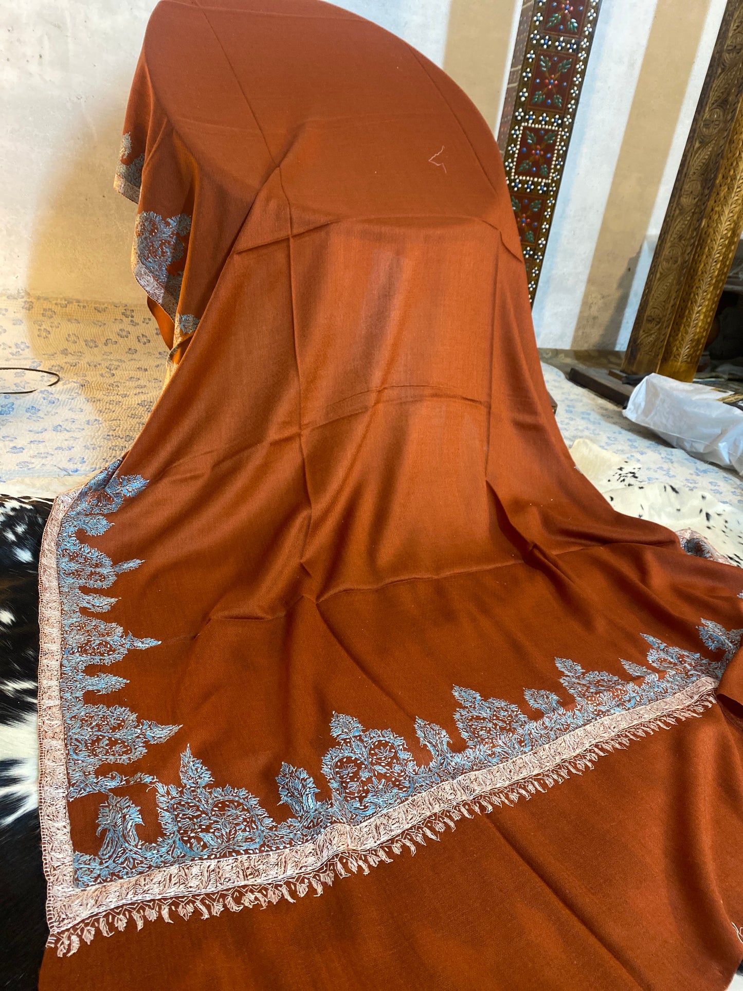 Kashmiri Pashmina Jamawar Rust 4 Border