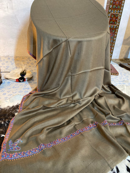 Kashmiri Pashmina Sozni Border Charcoal Gray