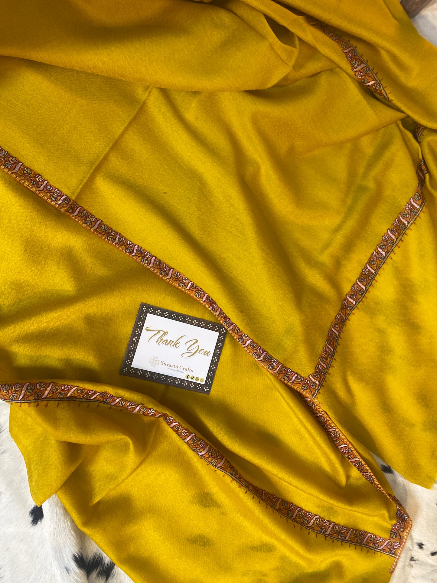 Kashmiri Pashmina Sozni Border Mustard Yellow A